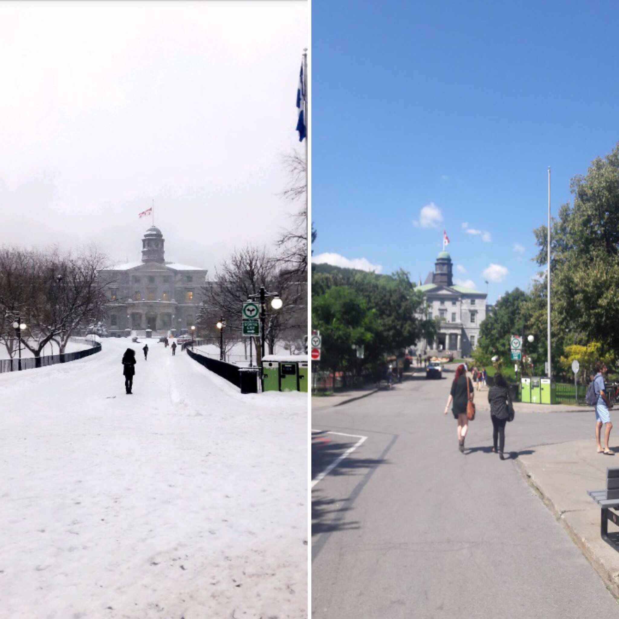 The famous McGill University arts building in the summer and winter months