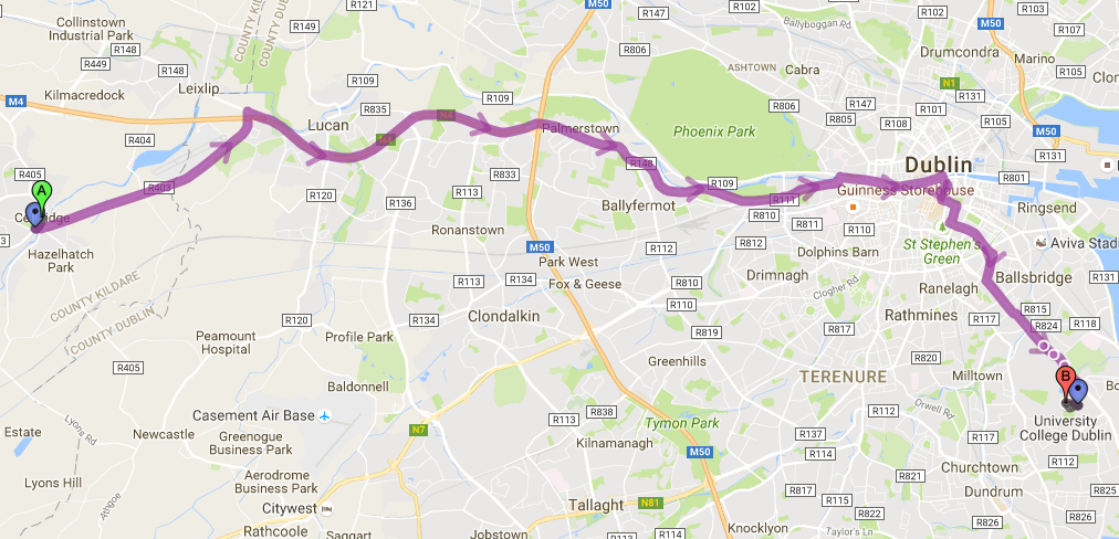 My commute route across Dublin – 46 stops later, I’m at UCD.